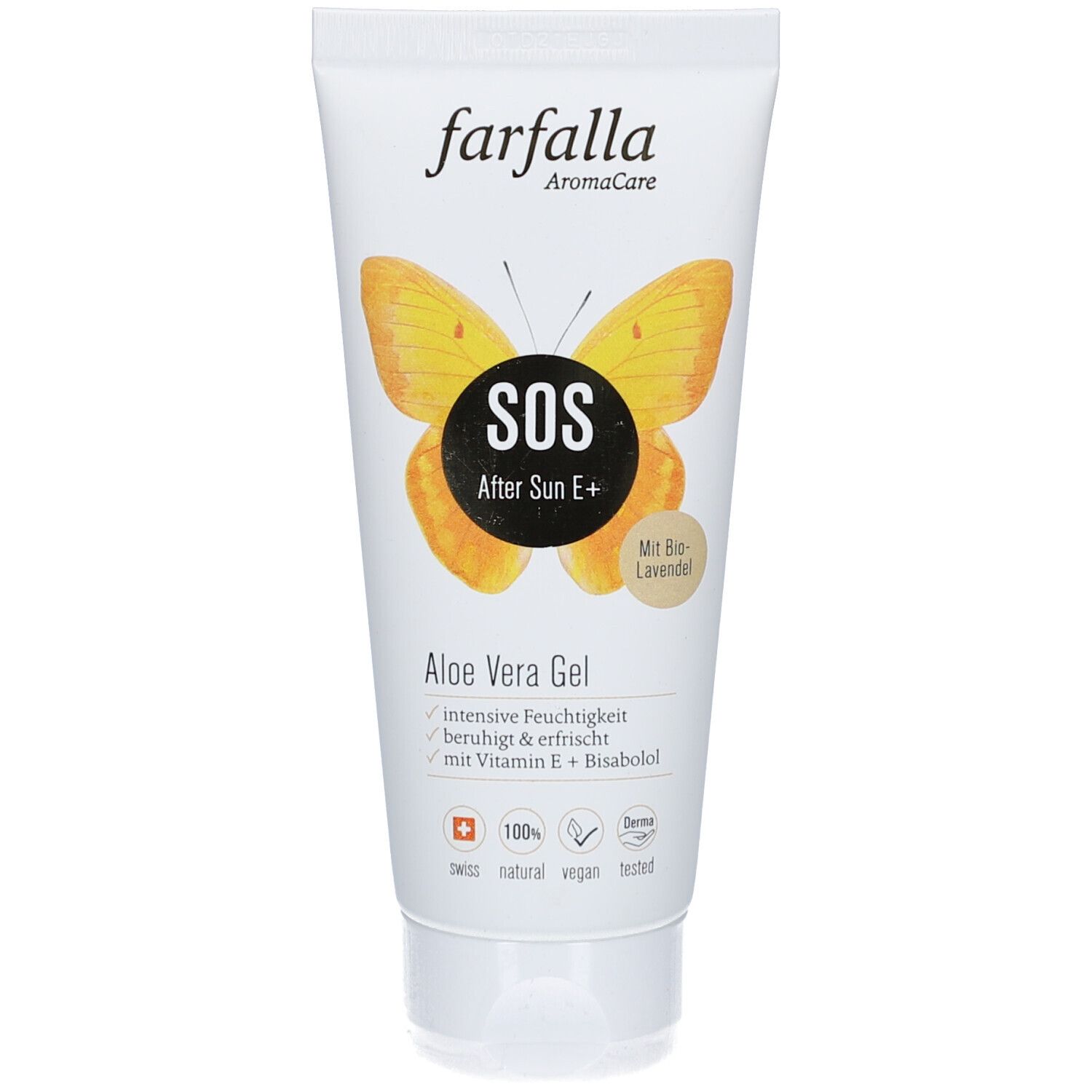 Weiße Tube mit gelbem Schmetterling und Aufschrift 'SOS After Sun E+ Aloe Vera Gel'. Swiss-Logo.