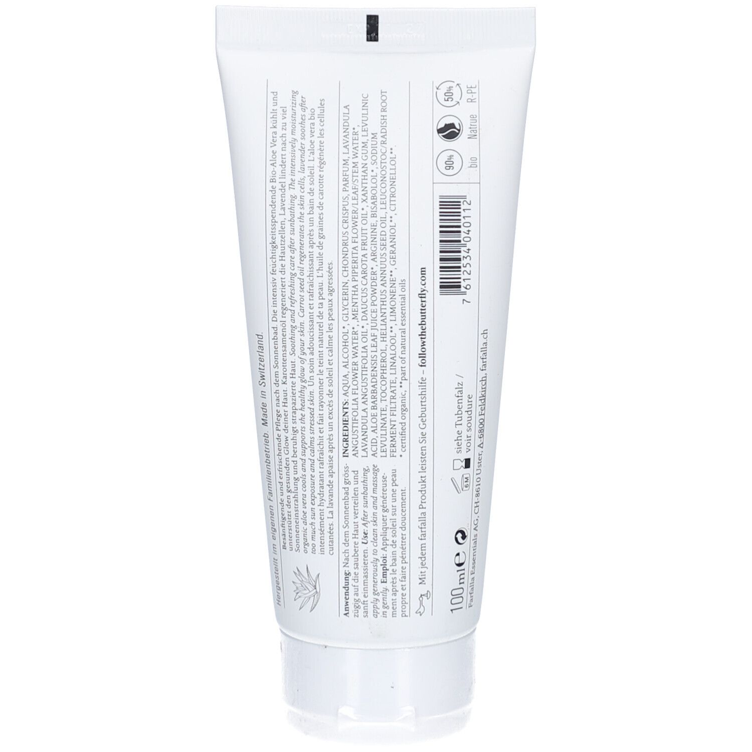 Rückseite der weißen Tube. Text, Inhaltsstoffe, Logos und Barcode. 100 ml.