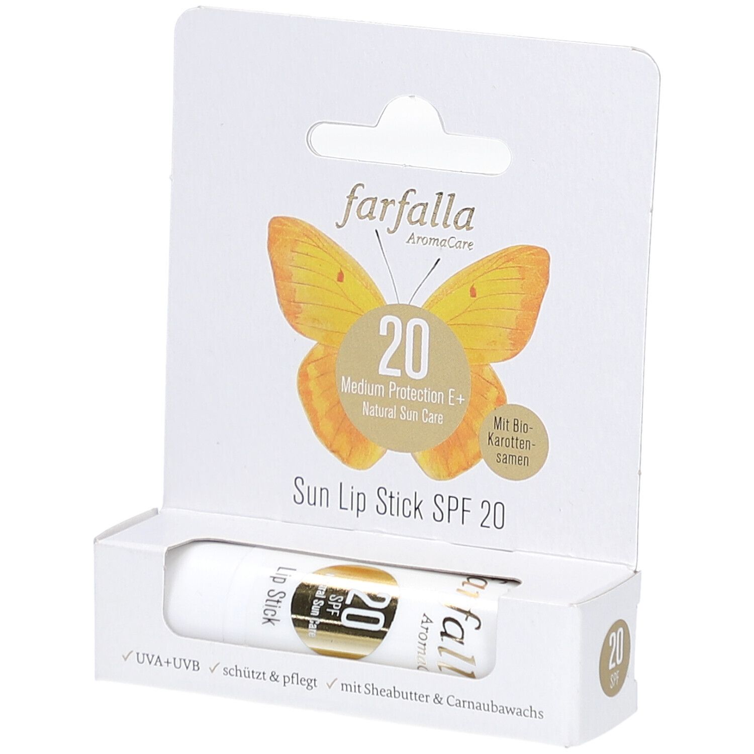 Farfalla Sun Lip Stick SPF 20 in Verpackung. Weißer Stift, gelbes Logo, Text: Medium Protection E+, Natural Sun Care.