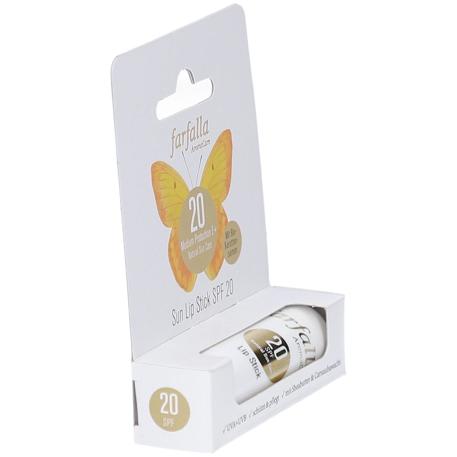Farfalla Sun Lip Stick SPF 20 in Verpackung. Weißer Stift, gelbes Logo, Text: Medium Protection E+, Natural Sun Care.