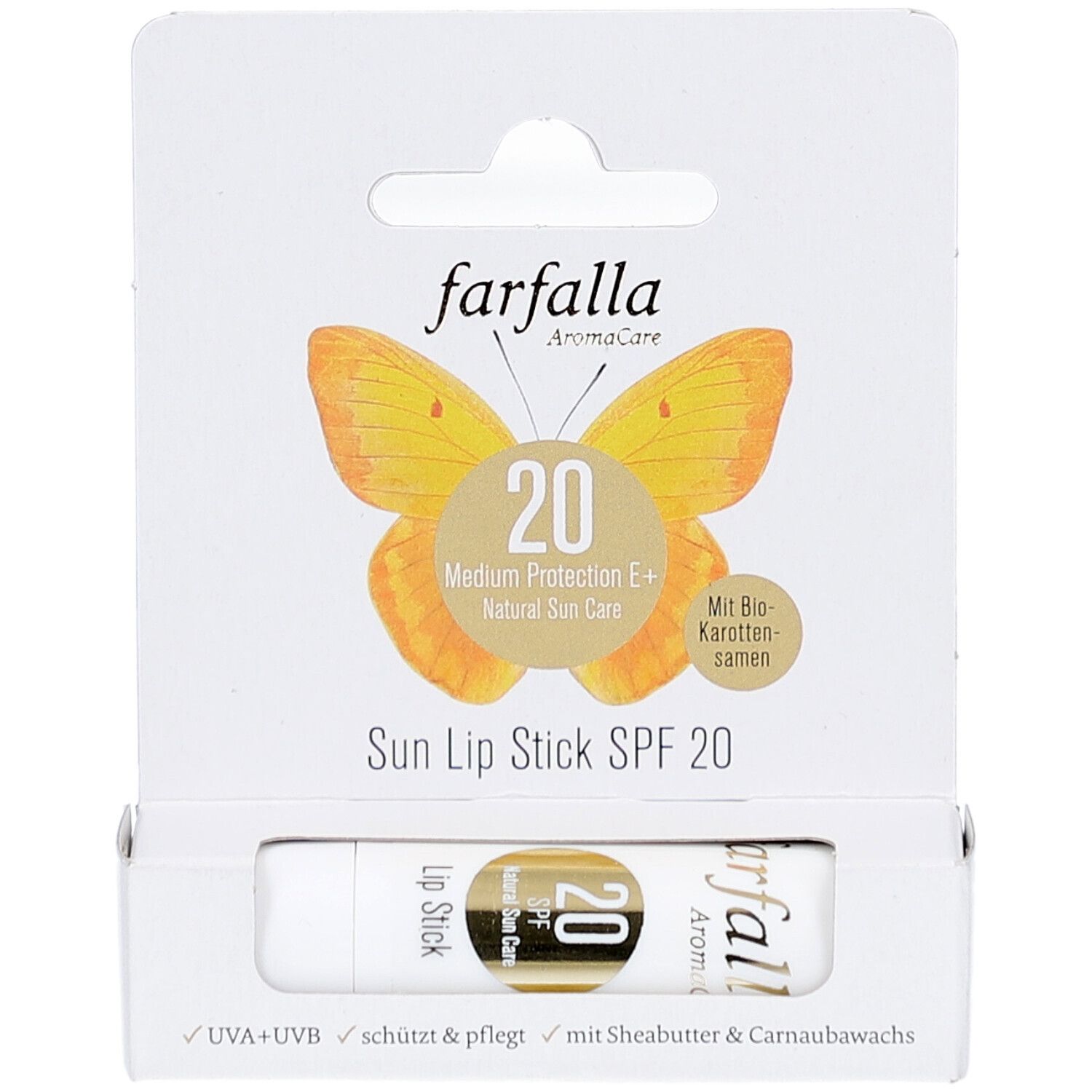 Farfalla Sun Lip Stick SPF 20 in Verpackung. Weißer Stift, gelbes Logo, Text: Medium Protection E+, Natural Sun Care.