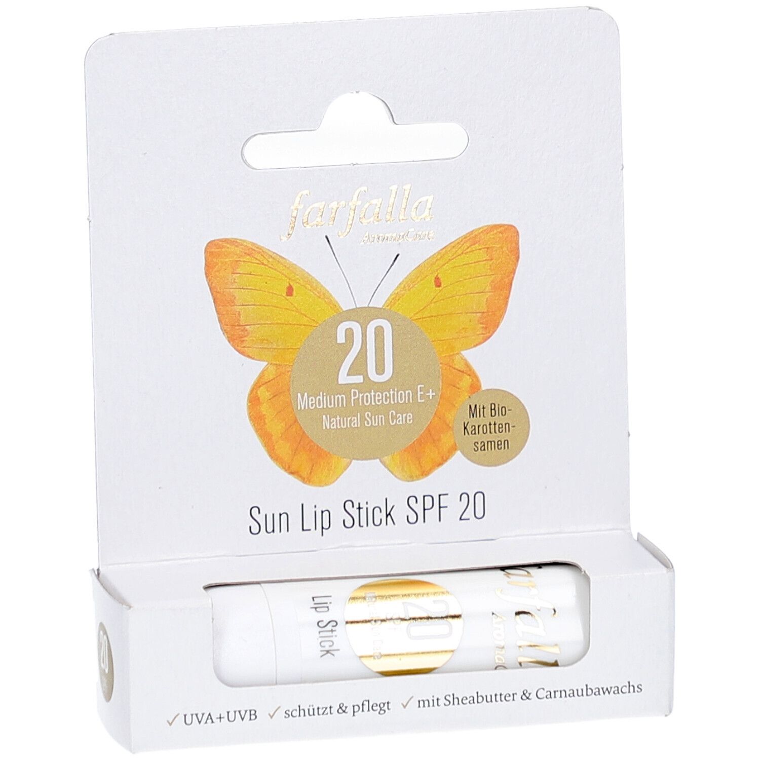 Farfalla Sun Lip Stick SPF 20 in Verpackung. Weißer Stift, gelbes Logo, Text: Medium Protection E+, Natural Sun Care.