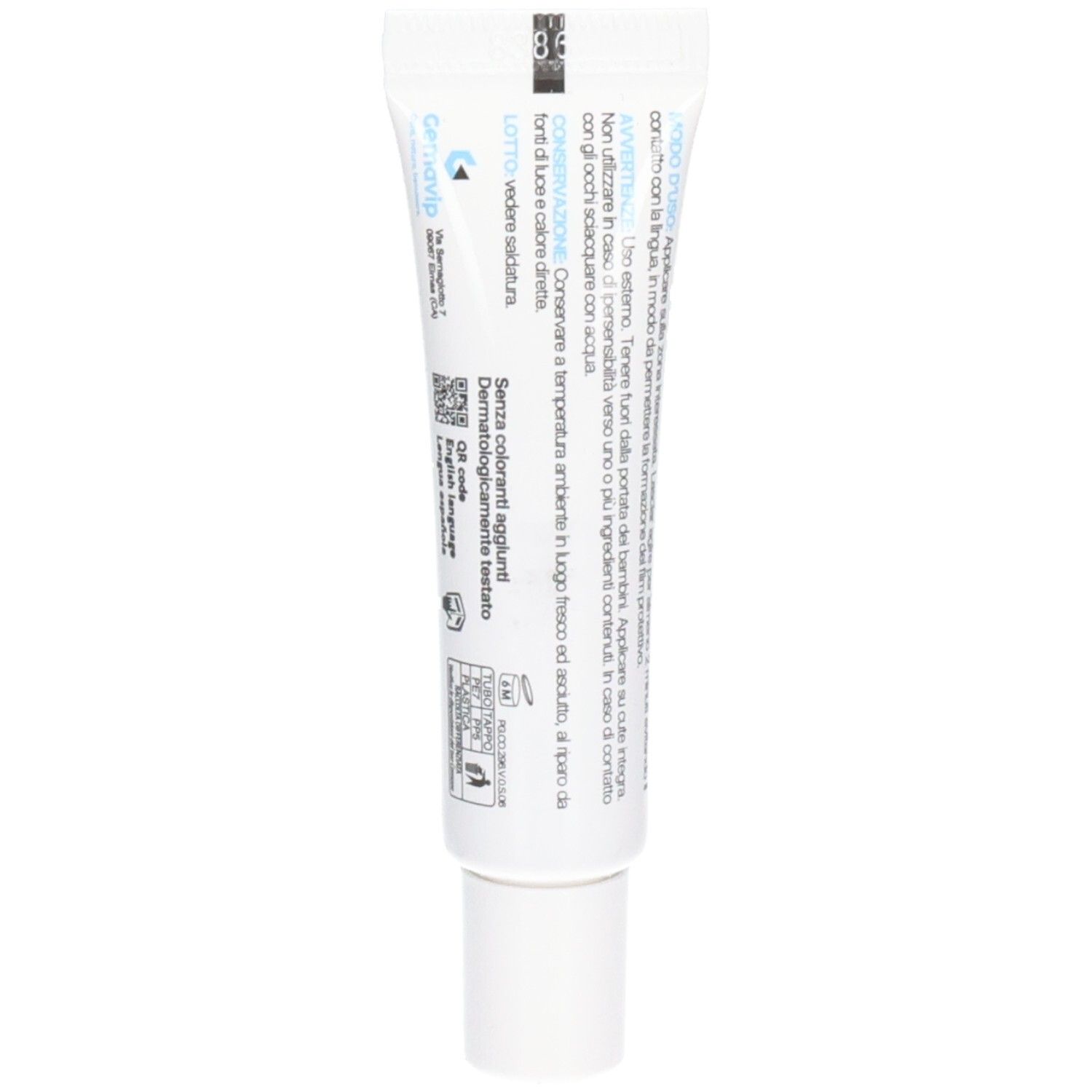 Rückseite der Tube. Text in mehreren Sprachen. Enthält Informationen und Warnhinweise.