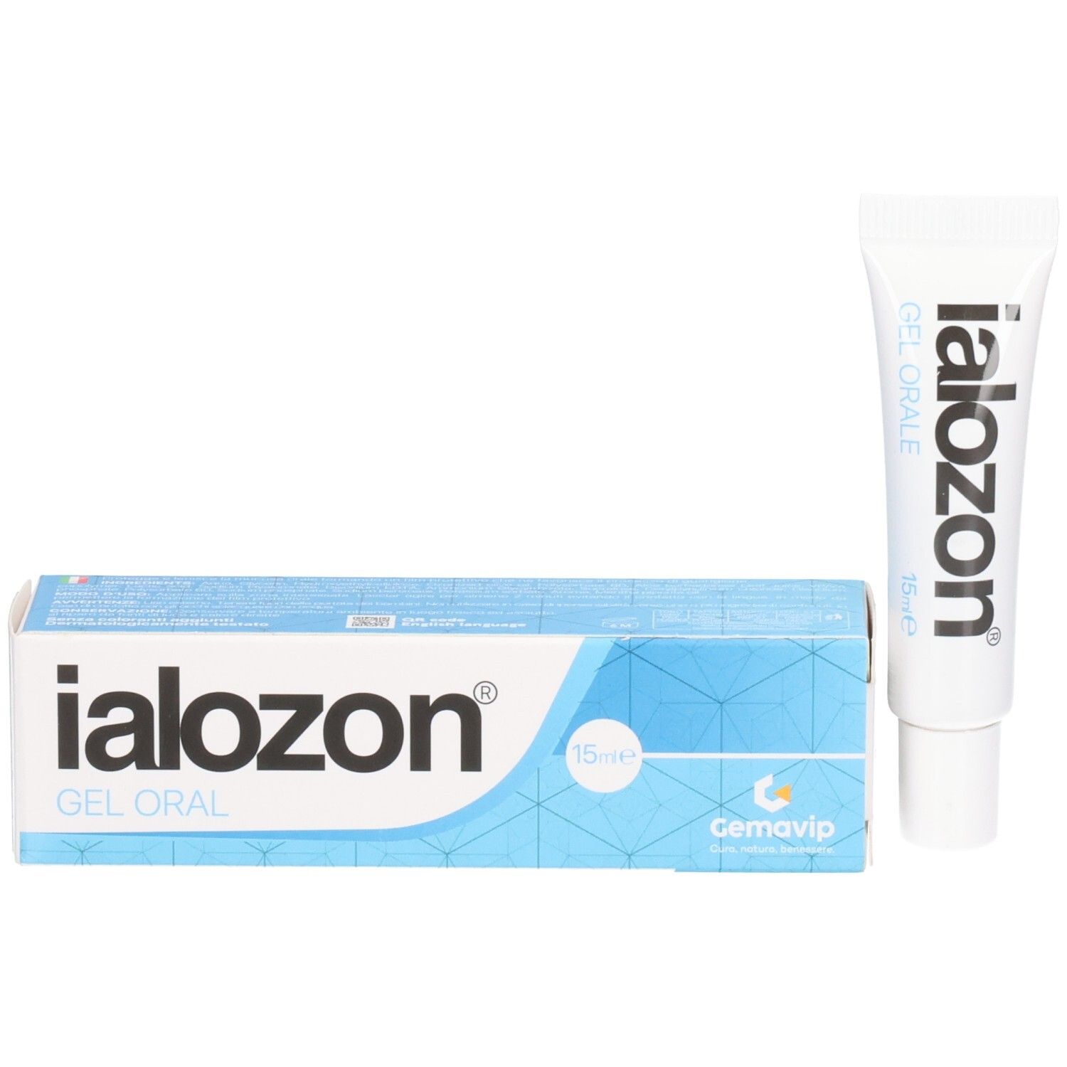 Schachtel und Tube Ialozon Gel Orale. Blaue Schachtel mit weißer Schrift. 15 ml.