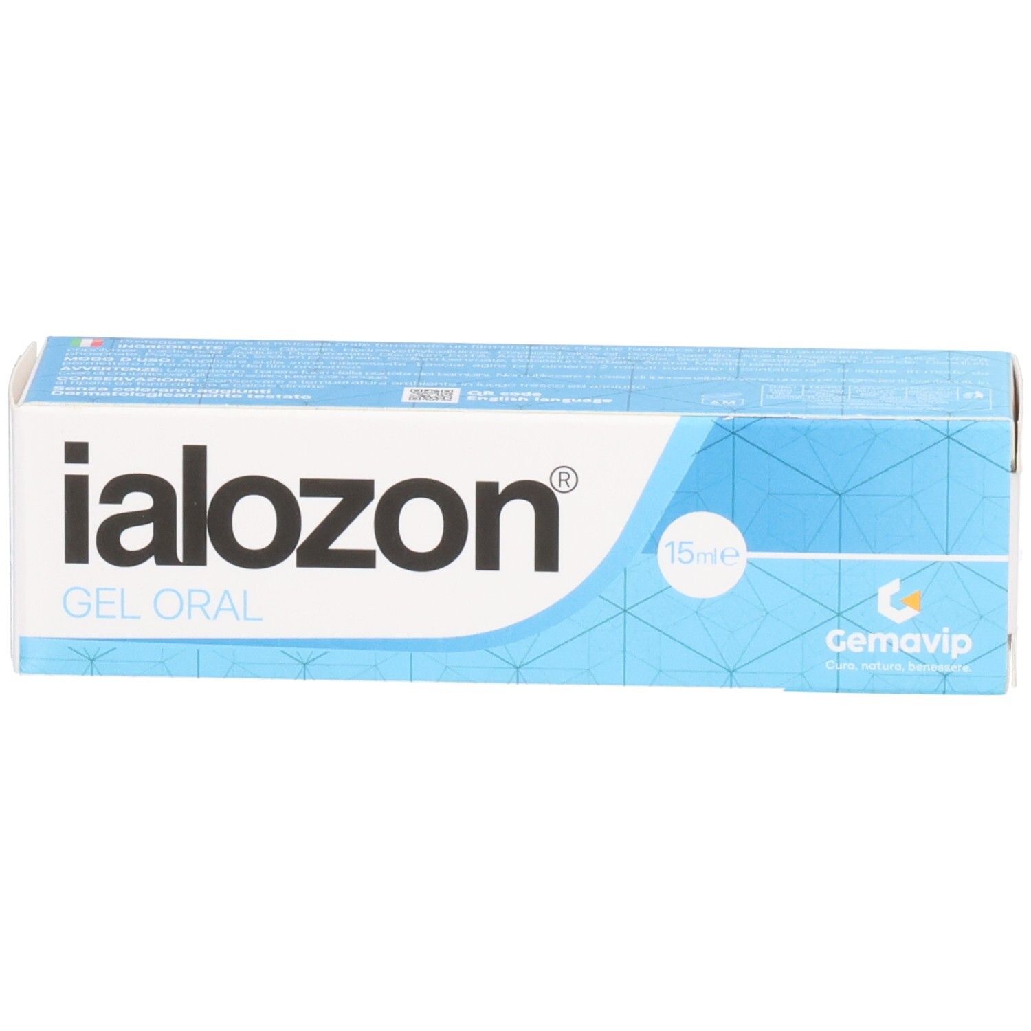 Blaue Schachtel mit weißem Schriftzug Ialozon Gel Orale. 15 ml. Gemavip Logo.