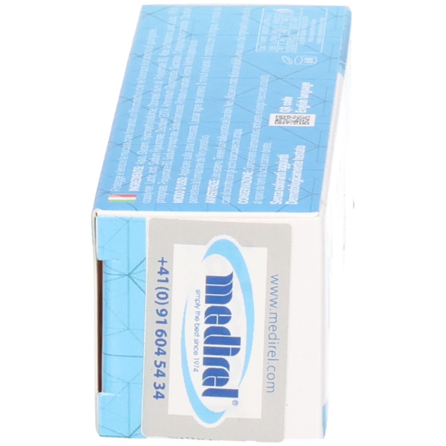 Seitenansicht der blauen Schachtel. Medirel-Aufkleber. Kontaktinformationen und QR-Code.