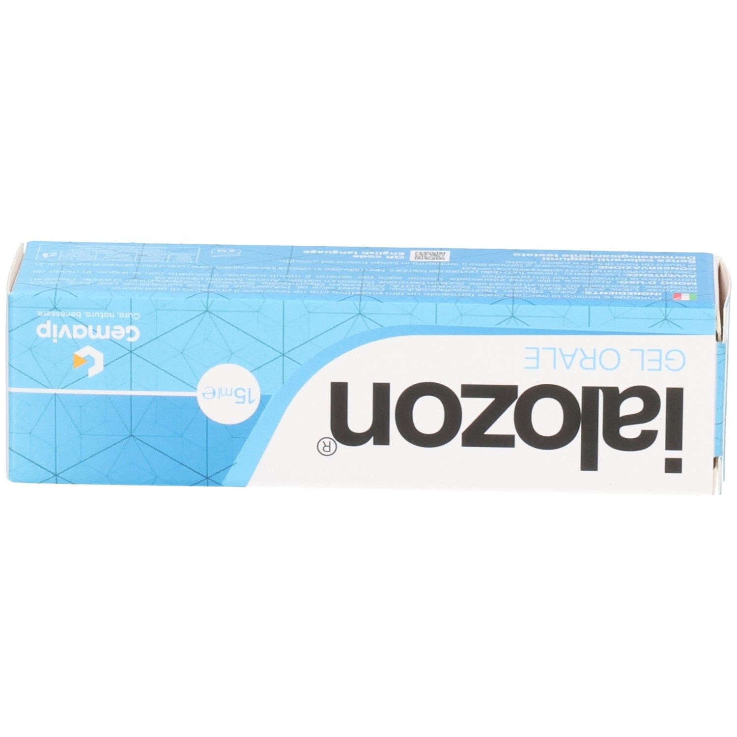 Blaue Schachtel mit weißem Schriftzug Ialozon Gel Orale. 15 ml. Gemavip Logo.