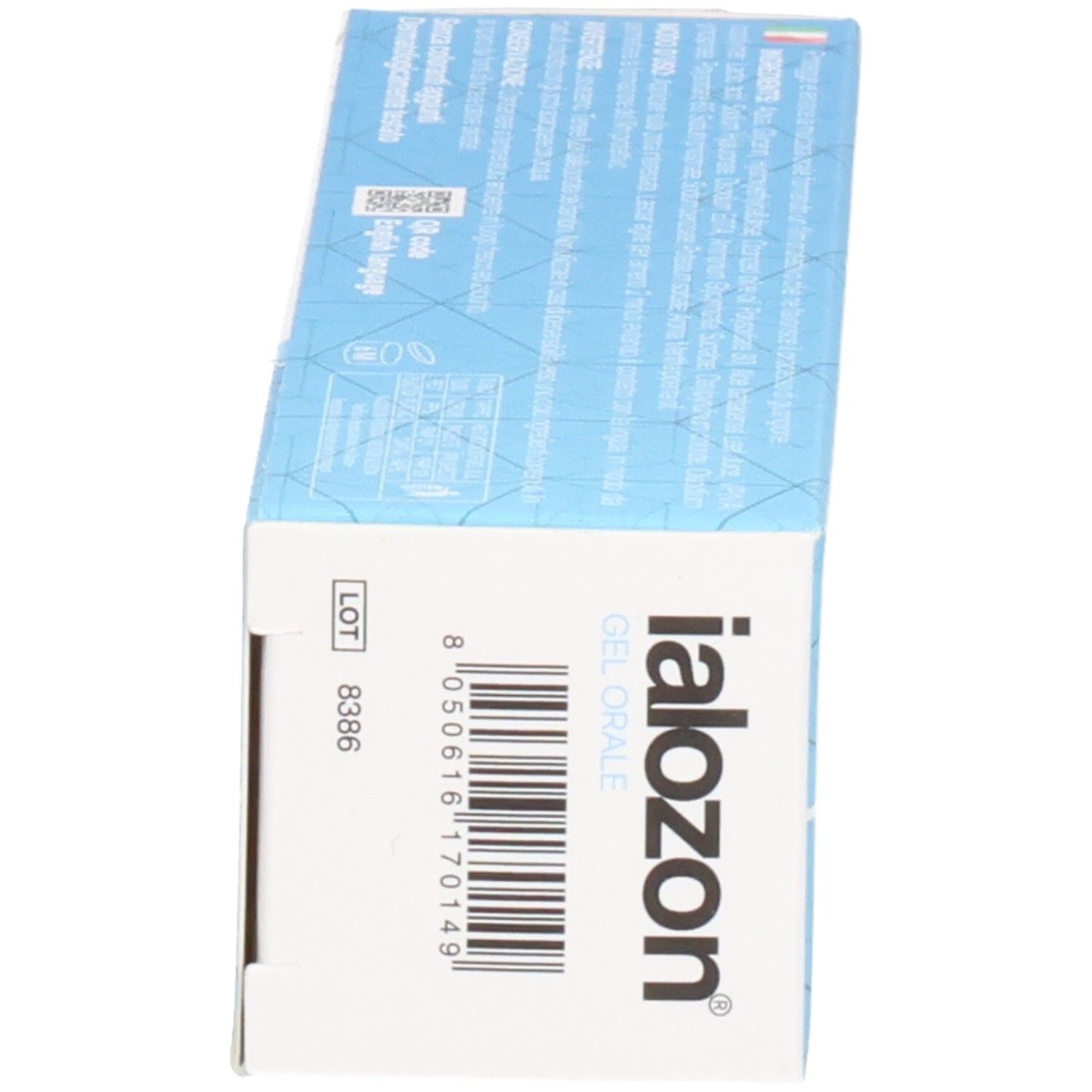 Rückseite der blauen Schachtel. Barcode, Losnummer und Text in mehreren Sprachen.