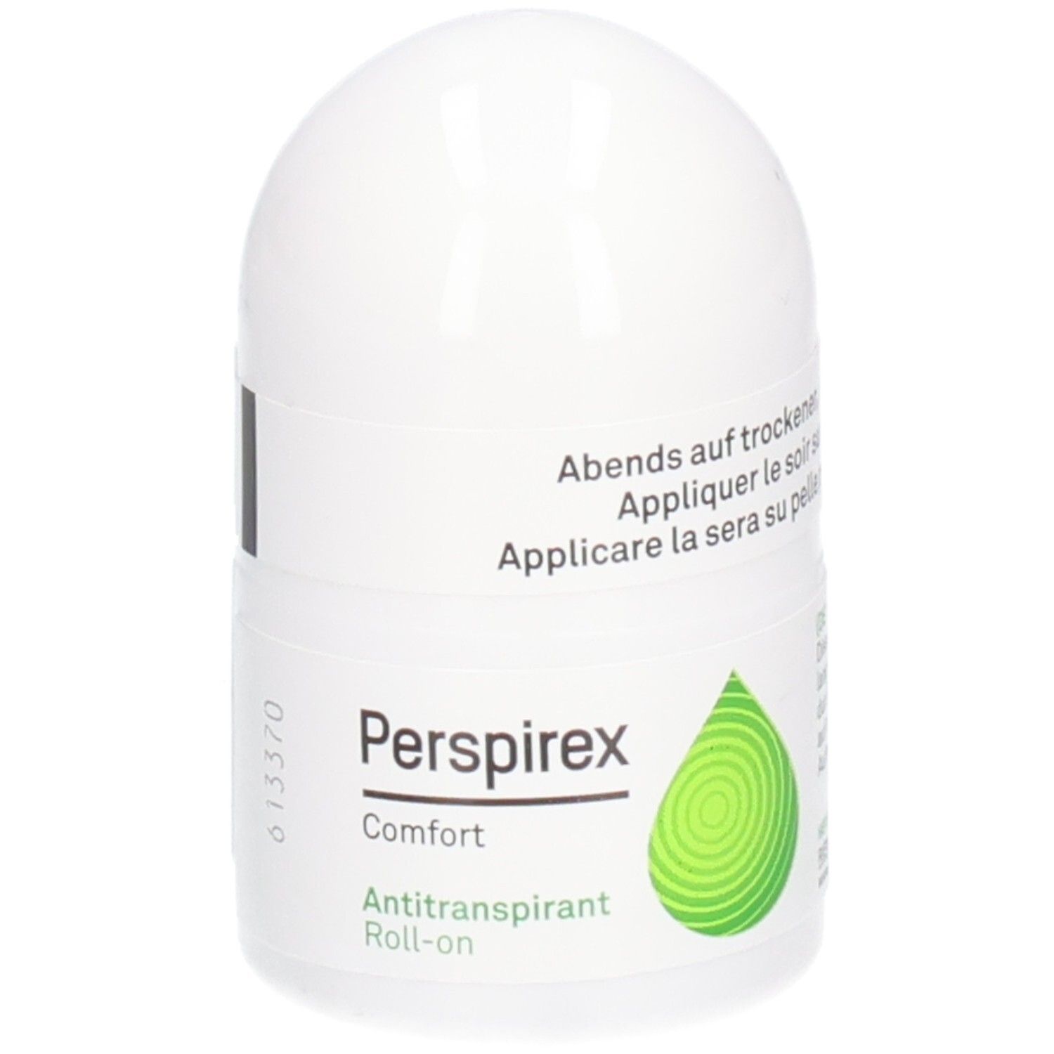 Perspirex Comfort Antitranspirant Roll-on. Weißes Roll-on-Fläschchen mit grünem Tropfen-Logo. Text: Antitranspirant Roll-on.