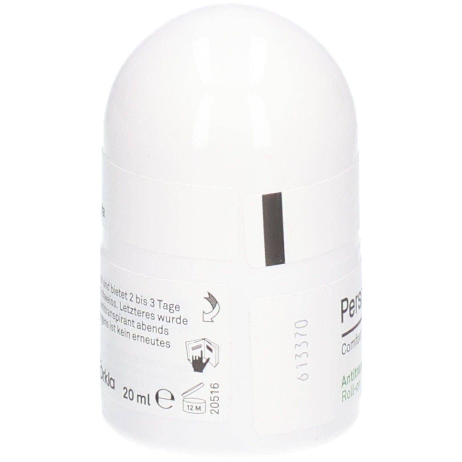 Perspirex Comfort Antitranspirant Roll-on. Weißes Roll-on-Fläschchen. Text: 20 ml, 12M. Piktogramme.