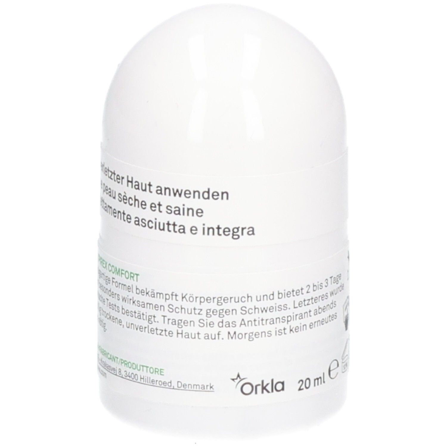 Perspirex Comfort Antitranspirant Roll-on. Weißes Roll-on-Fläschchen. Text: Orkla, 20 ml. Anwendungshinweise.