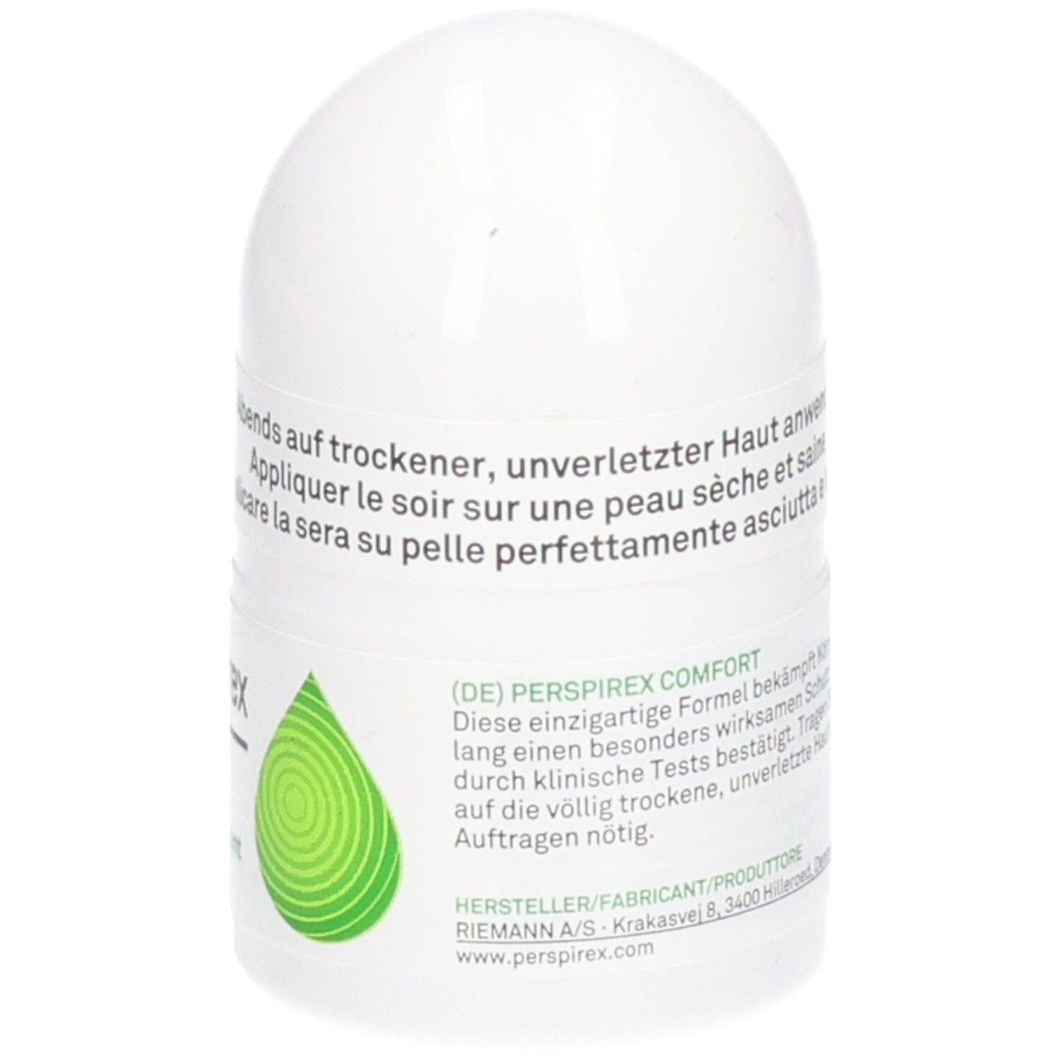 Perspirex Comfort Antitranspirant Roll-on. Weißes Roll-on-Fläschchen. Text: (DE) Perspirex Comfort, Herstellerinformationen.