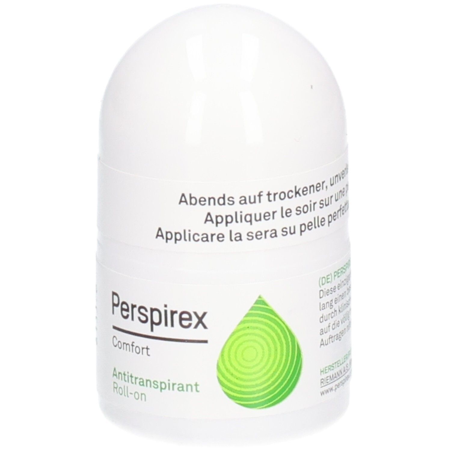 Perspirex Comfort Antitranspirant Roll-on. Weißes Roll-on-Fläschchen mit grünem Tropfen-Logo. Text: Antitranspirant Roll-on.