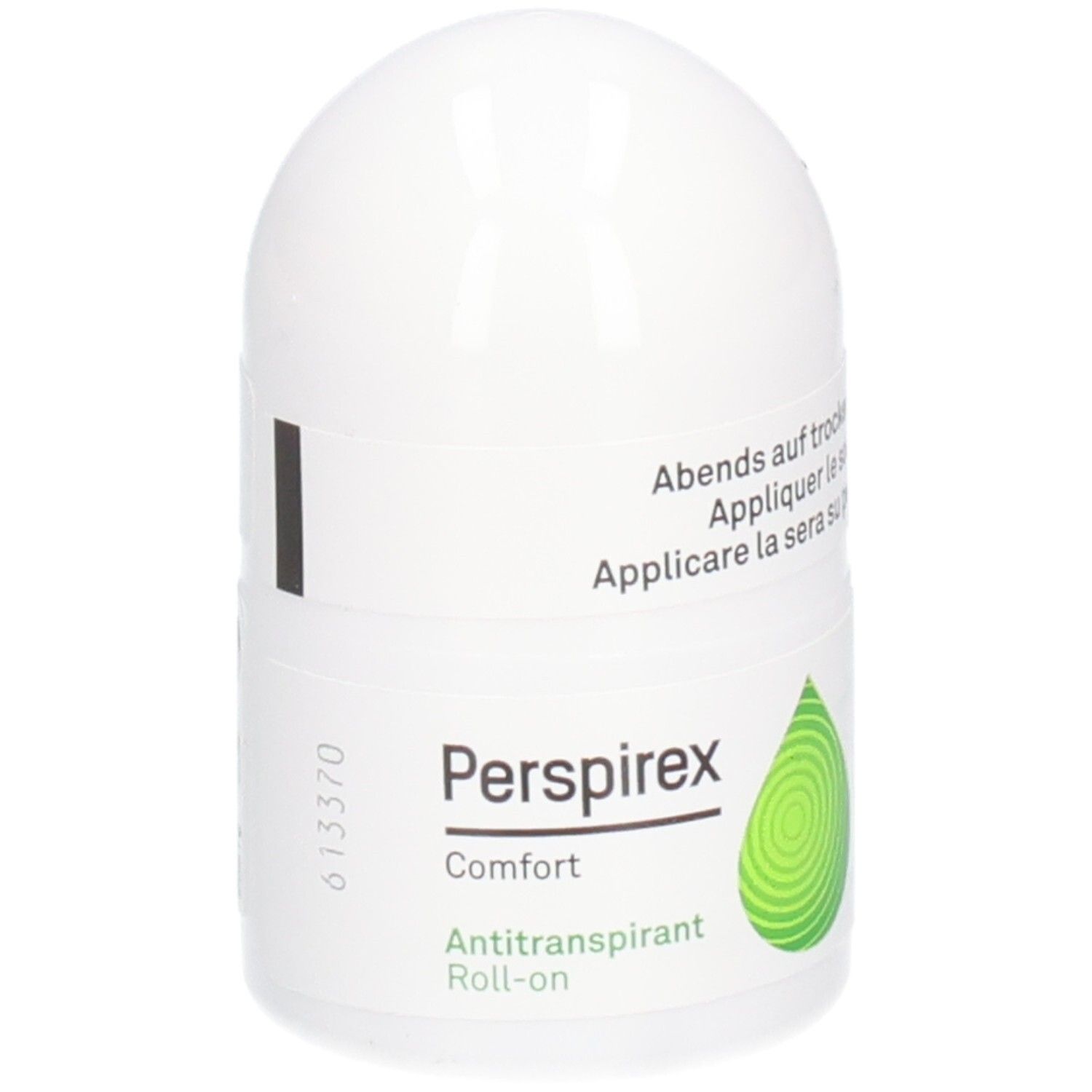Perspirex Comfort Antitranspirant Roll-on. Weißes Roll-on-Fläschchen mit grünem Tropfen-Logo. Text: Antitranspirant Roll-on.