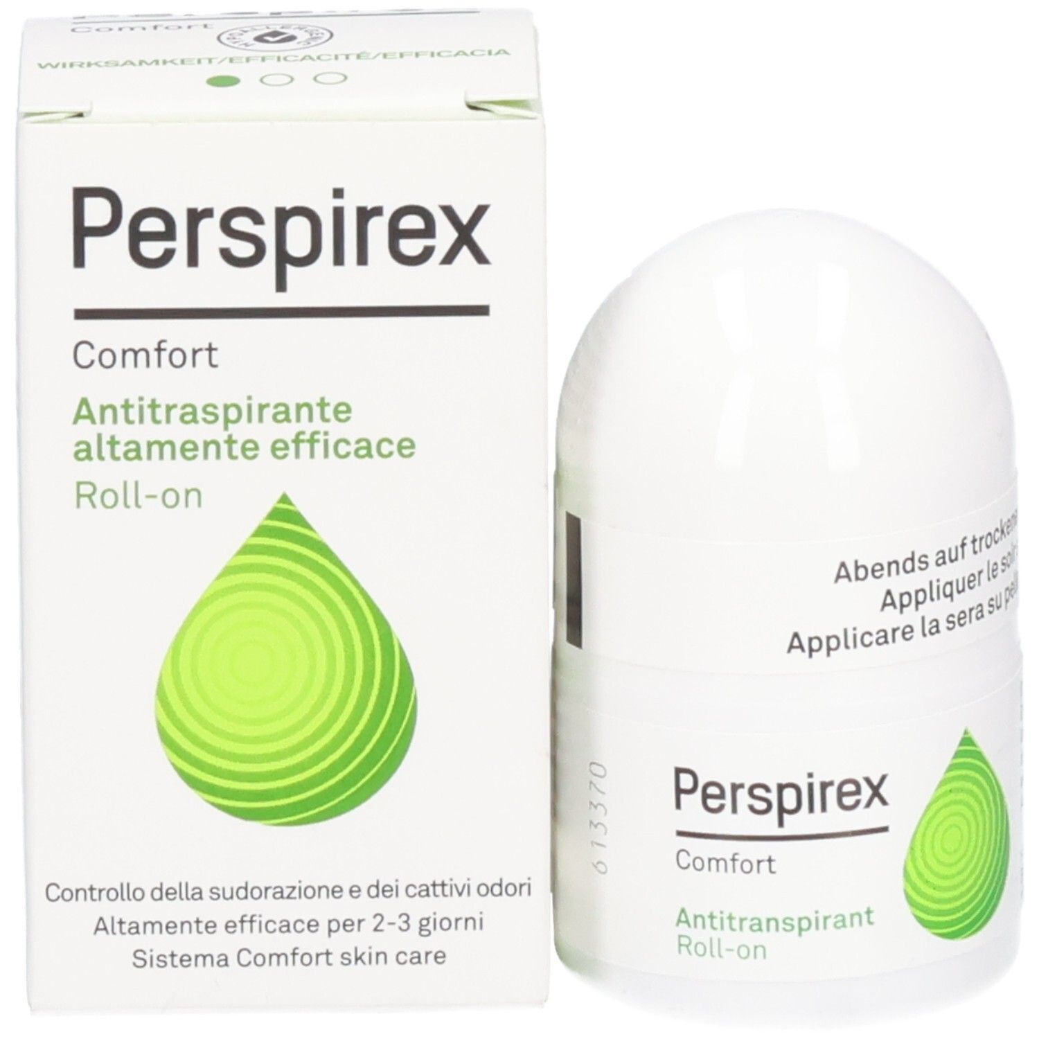 Perspirex Comfort Antitranspirant Roll-on und Verpackung. Weiße Verpackung und Roll-on. Text: Antitraspirante altamente efficace.