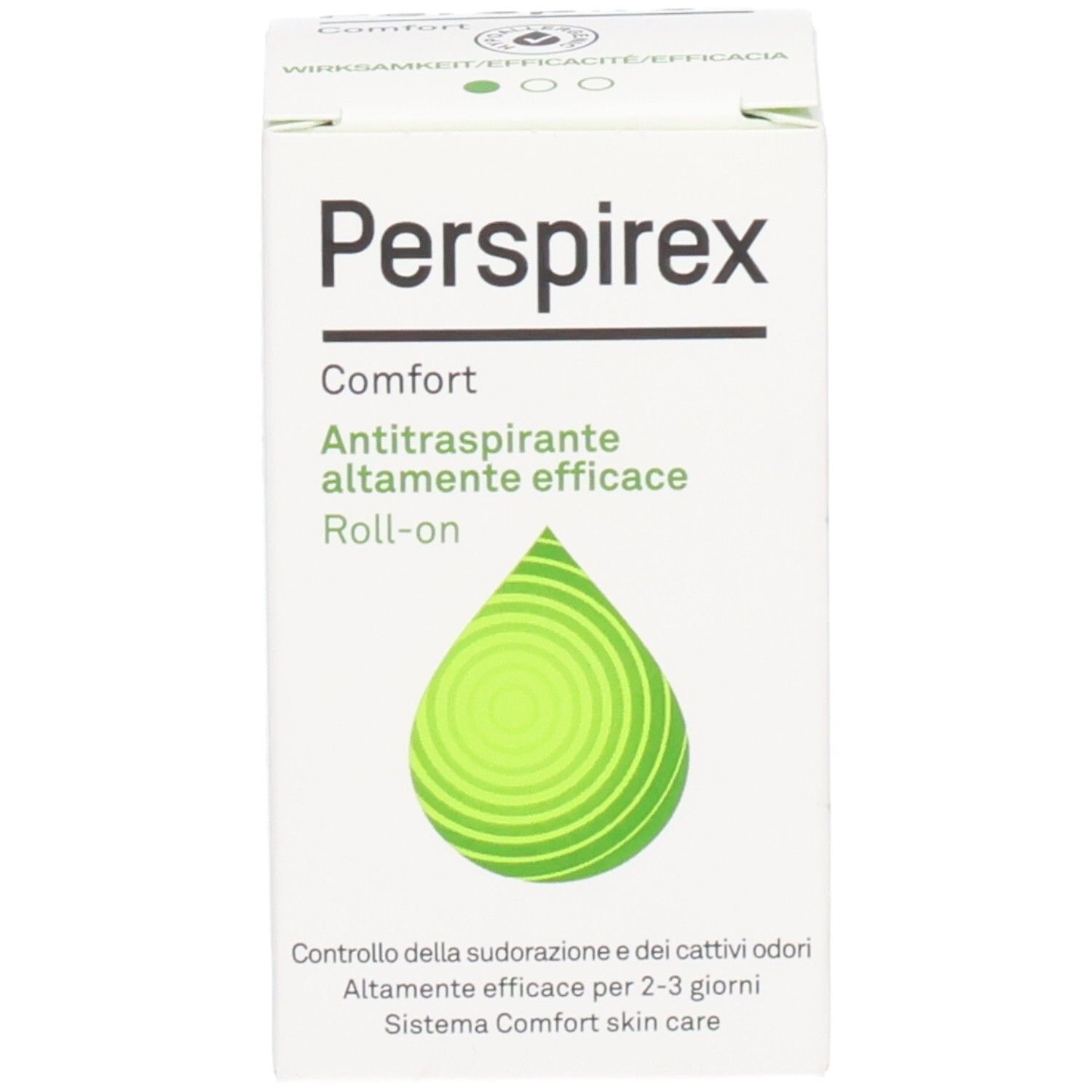 Perspirex Comfort Antitranspirant Verpackung. Weiße Verpackung. Text: Antitraspirante altamente efficace. Grünes Tropfen-Logo.