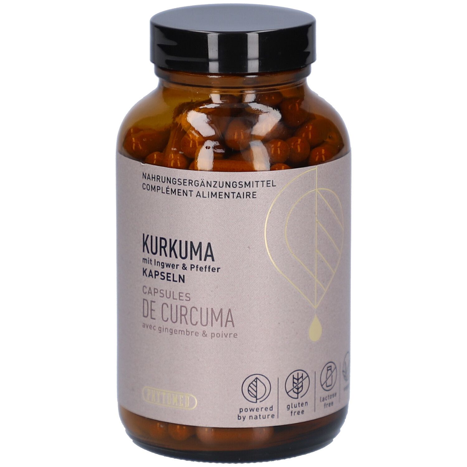 Braune Glasflasche mit schwarzen Deckel. Kurkuma Kapseln. Schriftzug: Kurkuma mit Ingwer & Pfeffer Kapseln. Nahrungsergänzungsmittel. Gluten free.