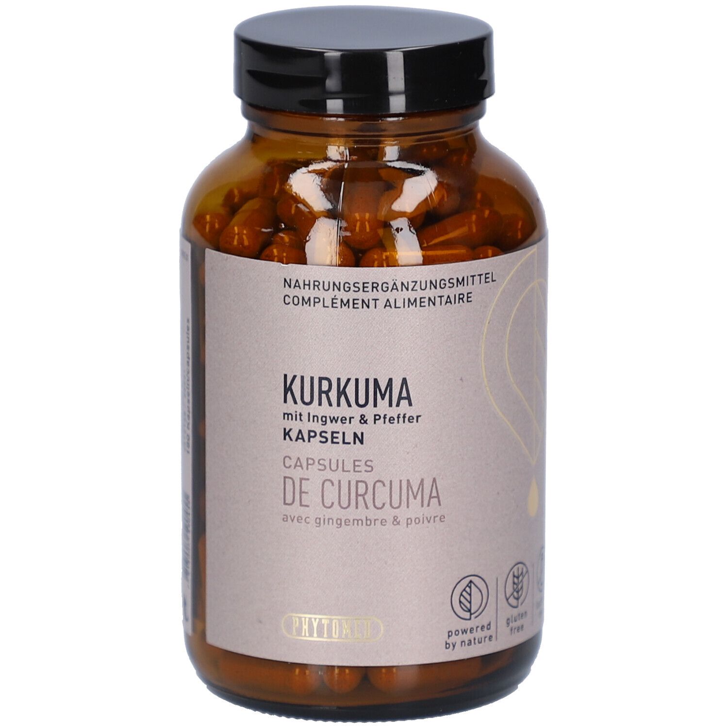 Braune Glasflasche mit schwarzen Deckel. Kurkuma Kapseln. Schriftzug: Kurkuma mit Ingwer & Pfeffer Kapseln. Nahrungsergänzungsmittel.