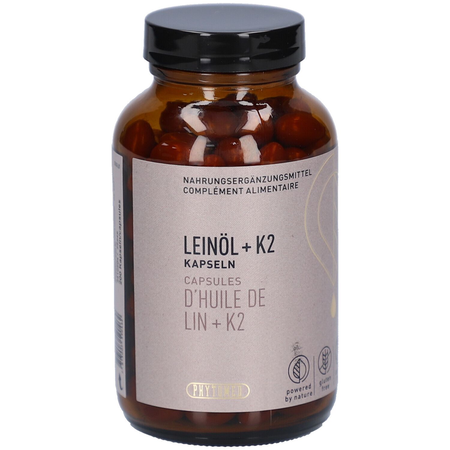 Flacon en verre brun avec bouchon noir. Étiquette avec nom du produit: Leinöl + K2 Kapseln. Complément alimentaire.