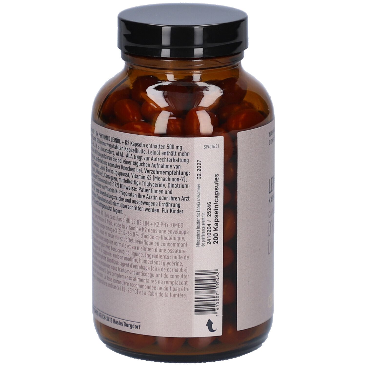 Dos du flacon en verre brun. Étiquette avec informations sur le produit et ingrédients. 200 gélules.
