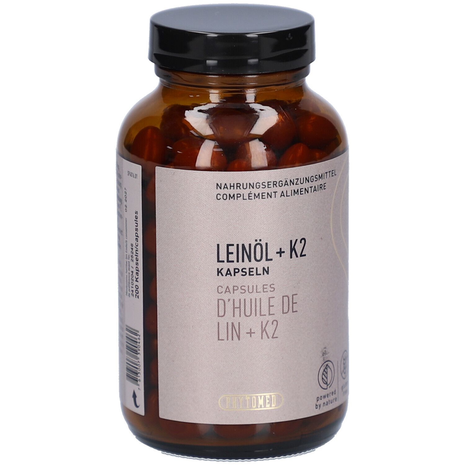 Flacon en verre brun avec bouchon noir. Étiquette avec nom du produit: Leinöl + K2 Kapseln. 200 gélules.