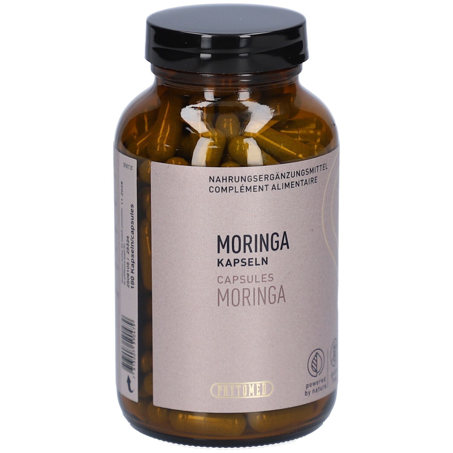 Flacon en verre brun avec gélules. Inscription : Moringa Kapseln. 180 gélules. Complément alimentaire.