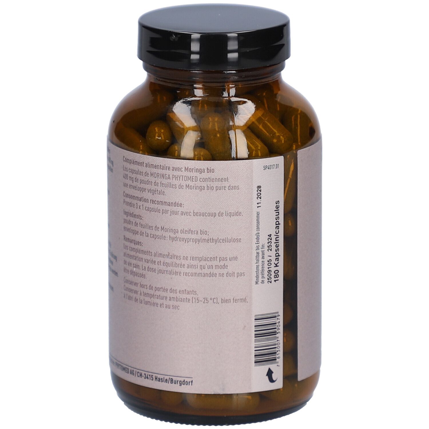 Dos du flacon avec texte. Moringa Bio Kapseln. Ingrédients. Recommandations. Date limite 11.2029.
