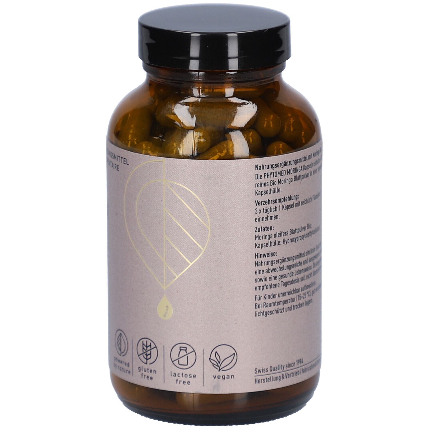 Dos du flacon avec texte. Moringa Bio Kapseln. Ingrédients. Recommandations. Label Swiss Quality.
