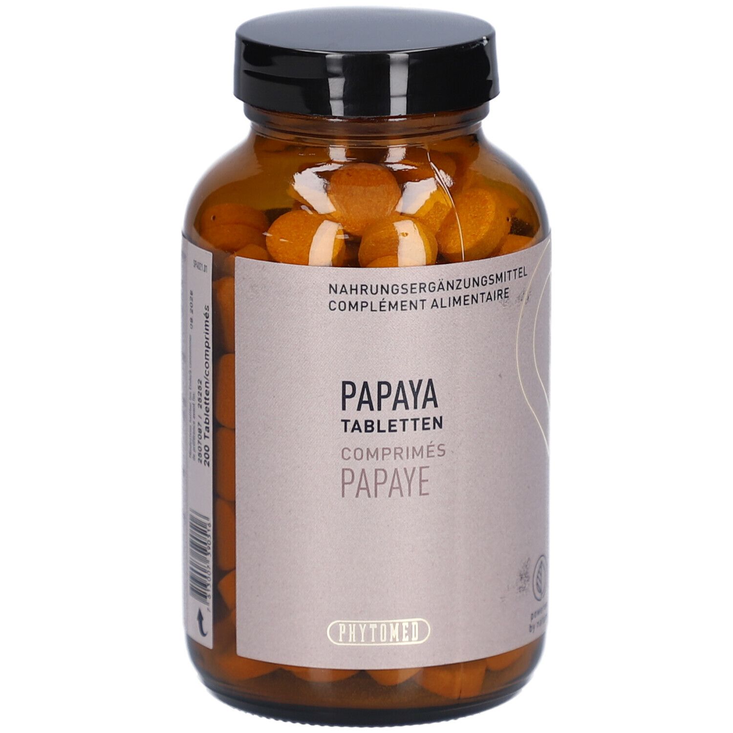 Braune Glasflasche mit Papaya Tabletten. Aufschrift: Papaya Tabletten, Comprimés Papaye. Marke: PHYTOMED.
