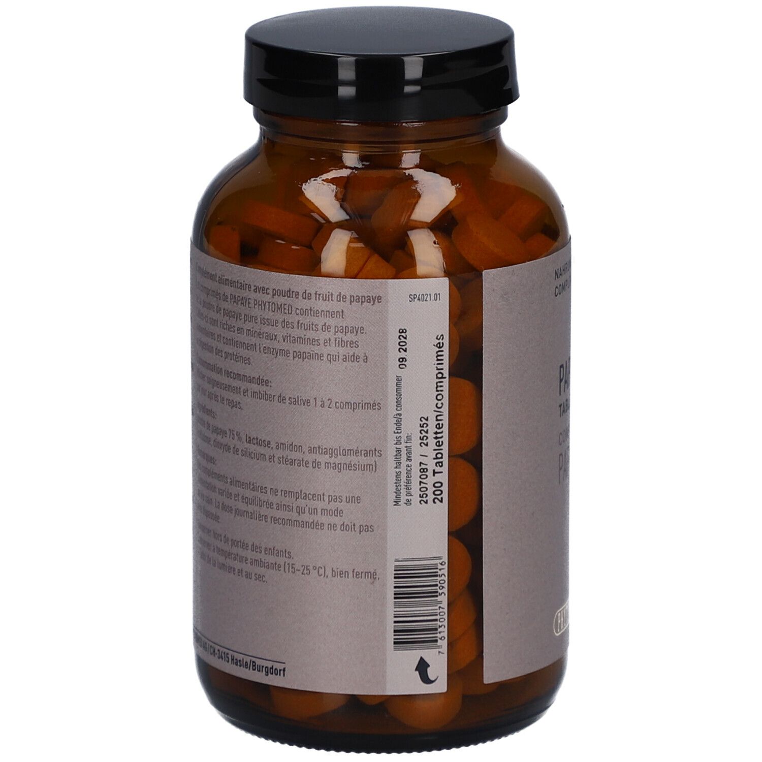 Rückseite der braunen Glasflasche mit Papaya Tabletten. Text in Deutsch und Französisch. Barcode und Verfallsdatum.