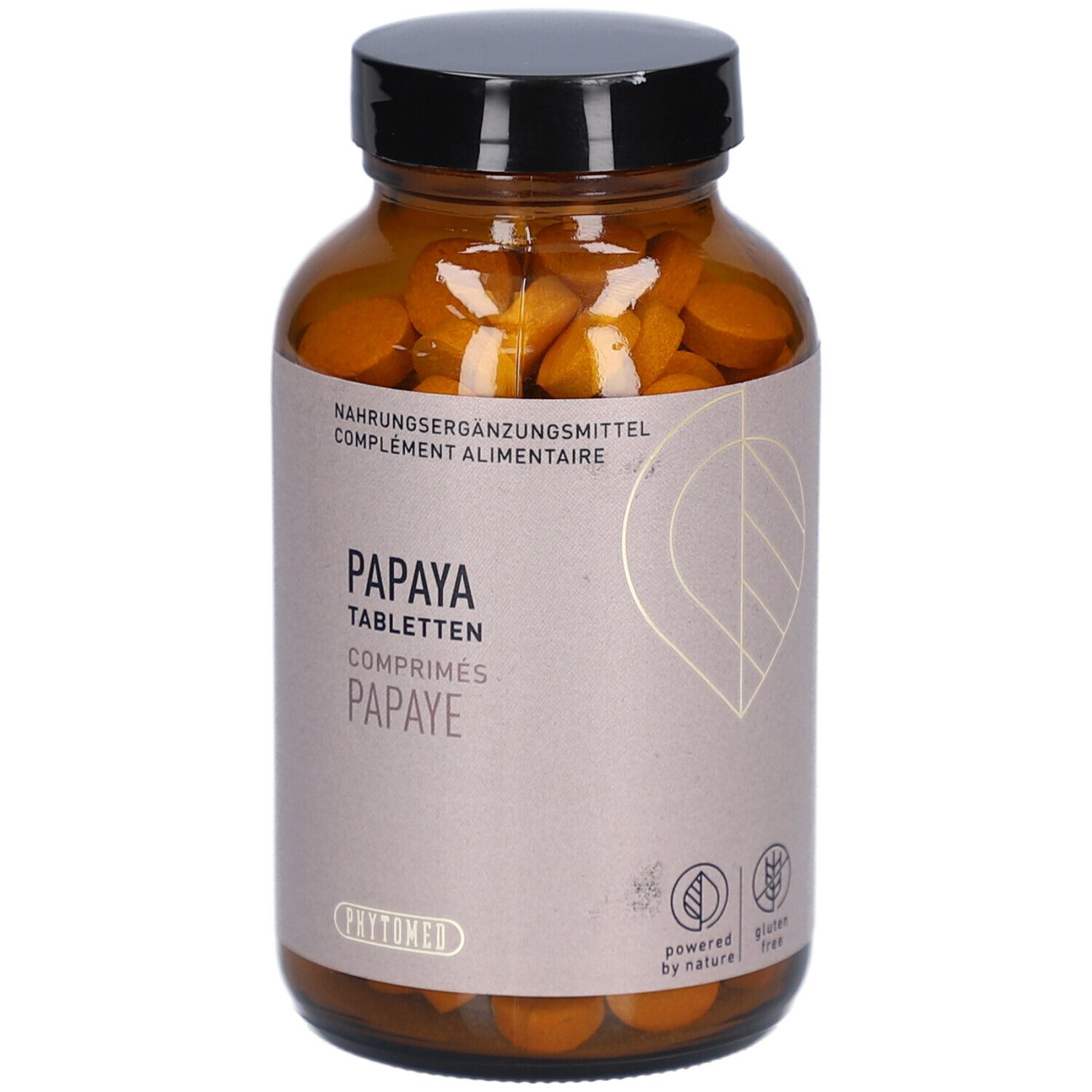 Braune Glasflasche mit Papaya Tabletten. Aufschrift: Papaya Tabletten, Comprimés Papaye. Logo: glutenfrei und powered by nature.