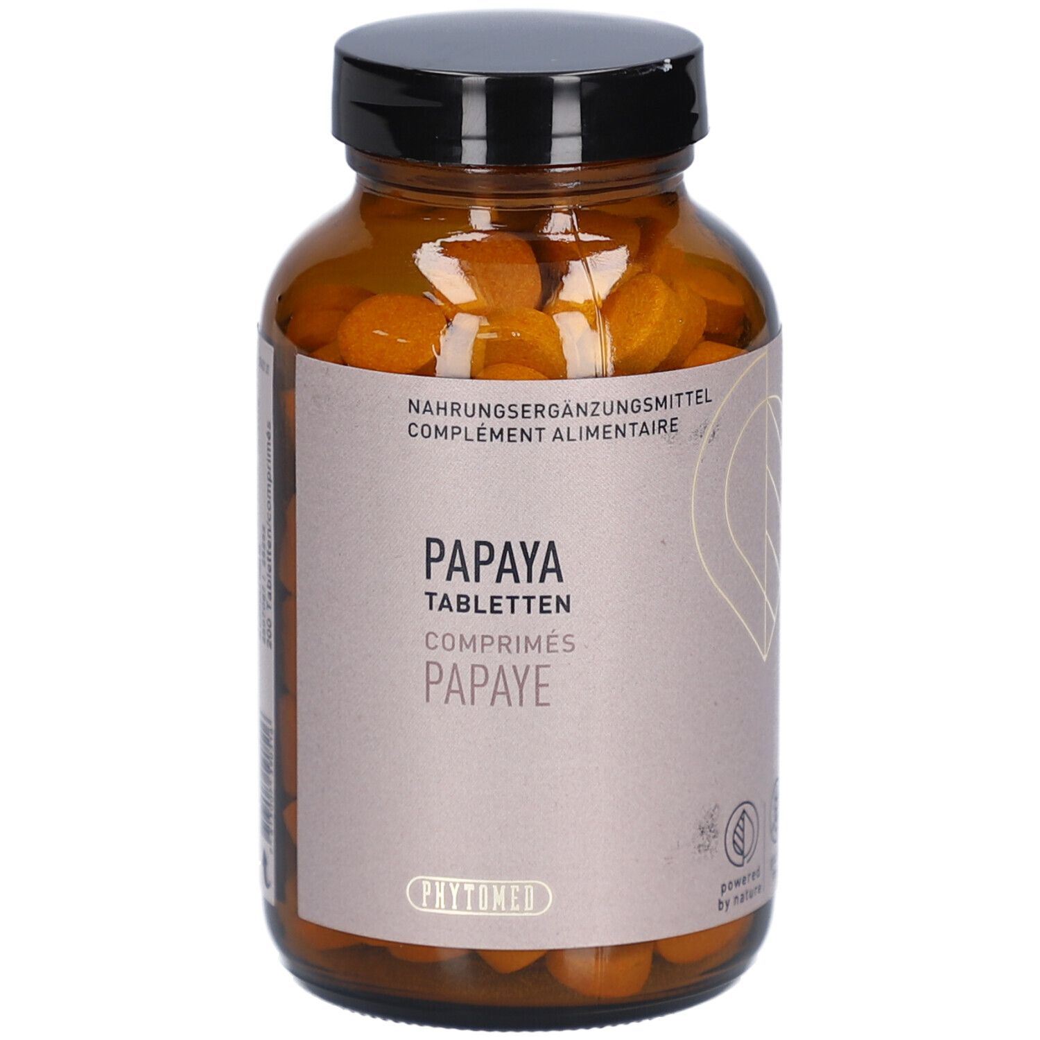 Braune Glasflasche mit Papaya Tabletten. Aufschrift: Papaya Tabletten, Comprimés Papaye. Marke: PHYTOMED.