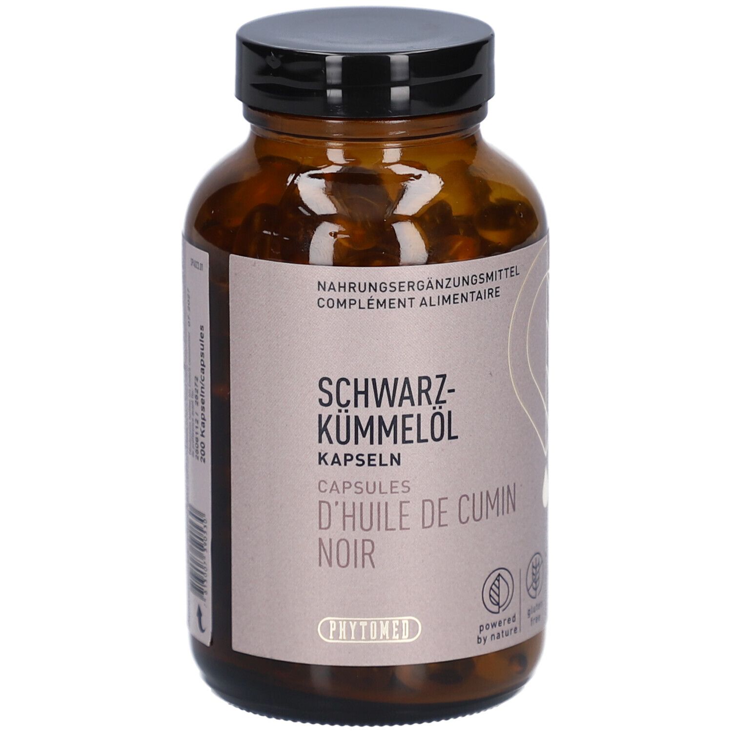 Braune Glasflasche mit schwarzen Kapseln. Aufschrift: SCHWARZ-KÜMMELÖL, KAPSELN, D'HUILE DE CUMIN NOIR. Marke: PHYTOMED.