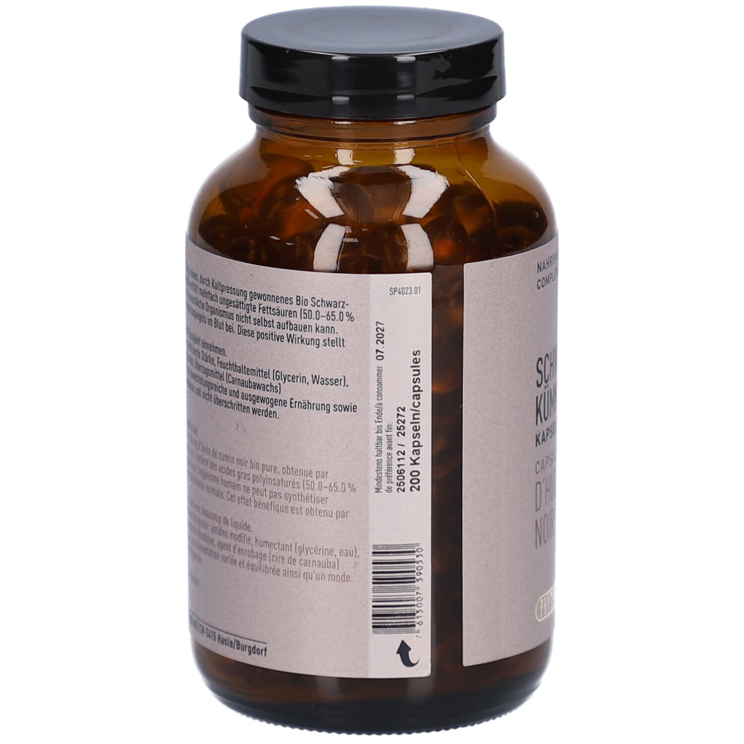 Rückseite der braunen Glasflasche mit Text. Enthält Informationen über Inhaltsstoffe und Nährwertangaben. 200 Kapseln.