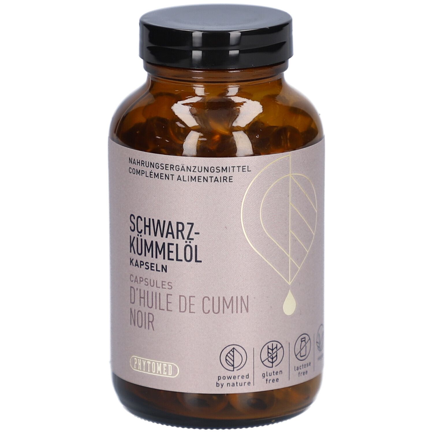 Braune Glasflasche mit schwarzen Kapseln. Aufschrift: SCHWARZ-KÜMMELÖL, KAPSELN, D'HUILE DE CUMIN NOIR. Mit Logos.