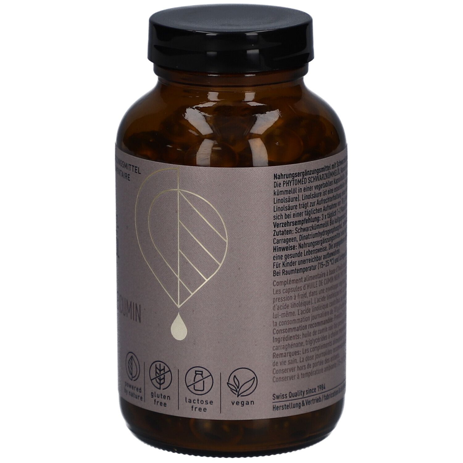 Rückseite der braunen Glasflasche mit Text und Logos. Enthält Informationen über Inhaltsstoffe und Zertifizierungen.