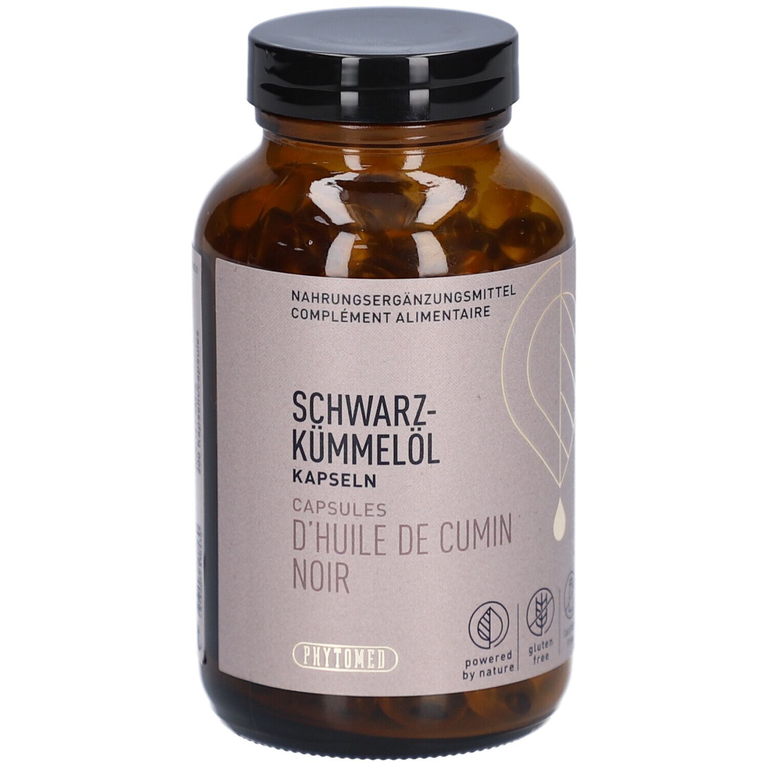 Braune Glasflasche mit schwarzen Kapseln. Aufschrift: SCHWARZ-KÜMMELÖL, KAPSELN, D'HUILE DE CUMIN NOIR. Marke: PHYTOMED.
