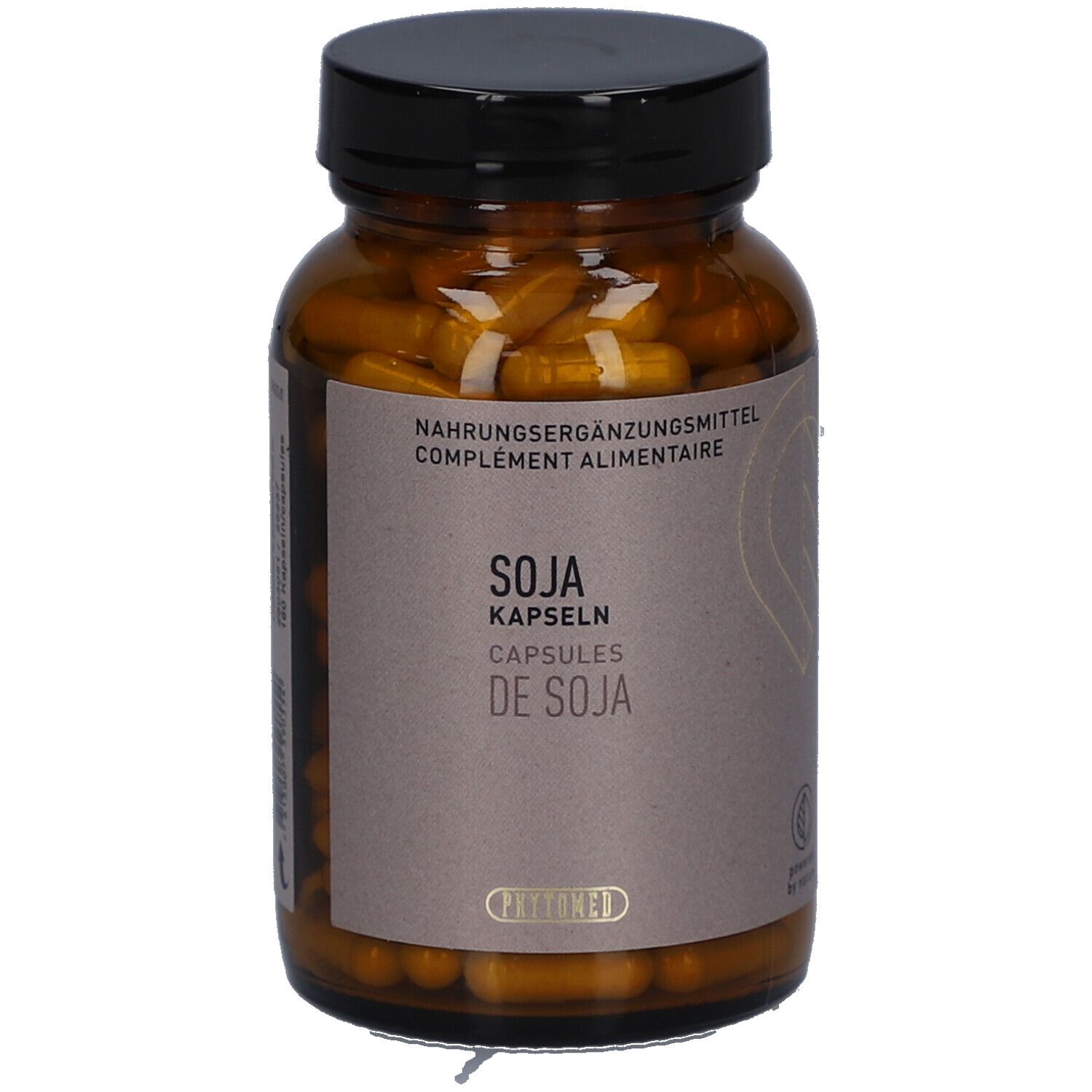 Braune Glasflasche mit schwarzen Deckel. Enthält gelbe Kapseln. Aufschrift: SOJA KAPSELN, DE SOJA. Marke: PHYTOMED.