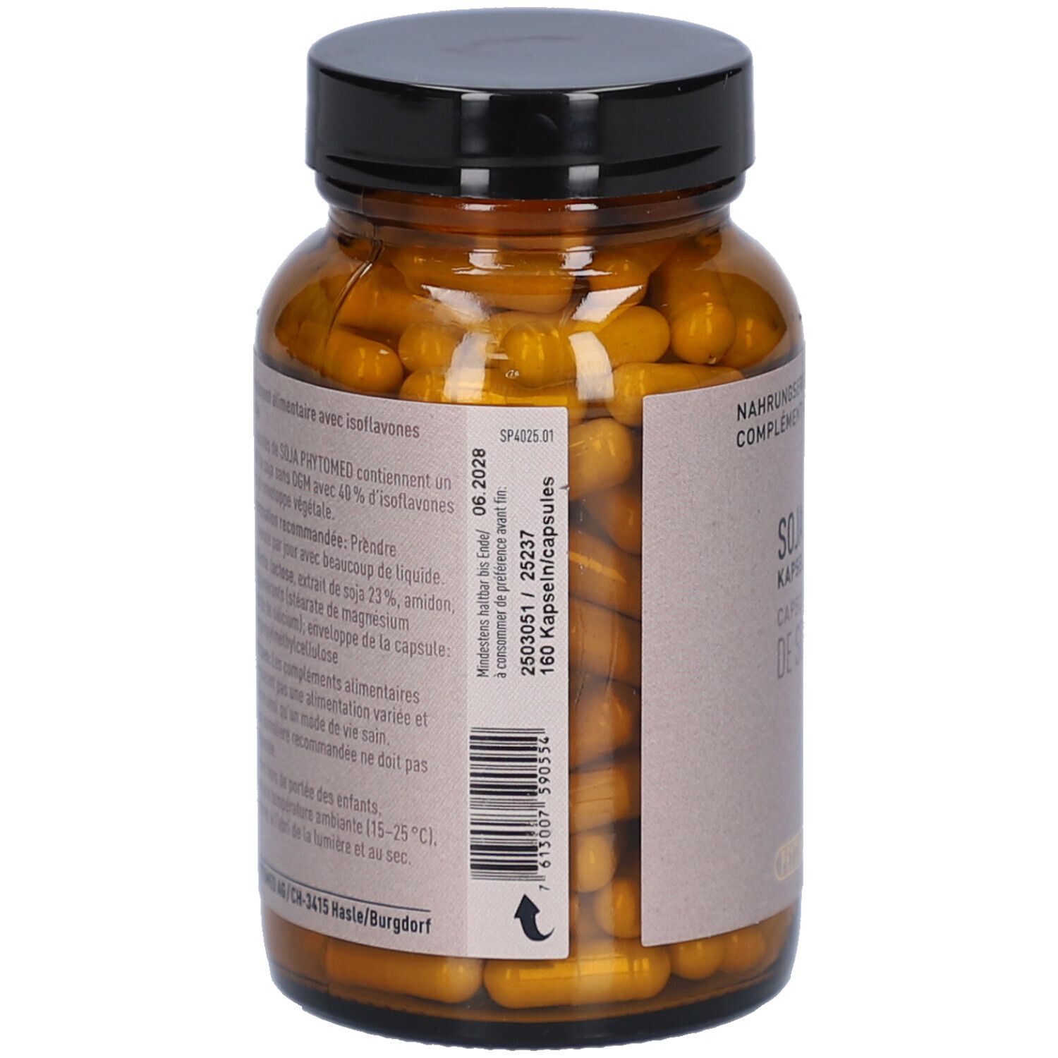 Rückseite der braunen Glasflasche mit schwarzen Deckel. Enthält gelbe Kapseln. Text mit Inhaltsstoffen und Haltbarkeitsdatum.