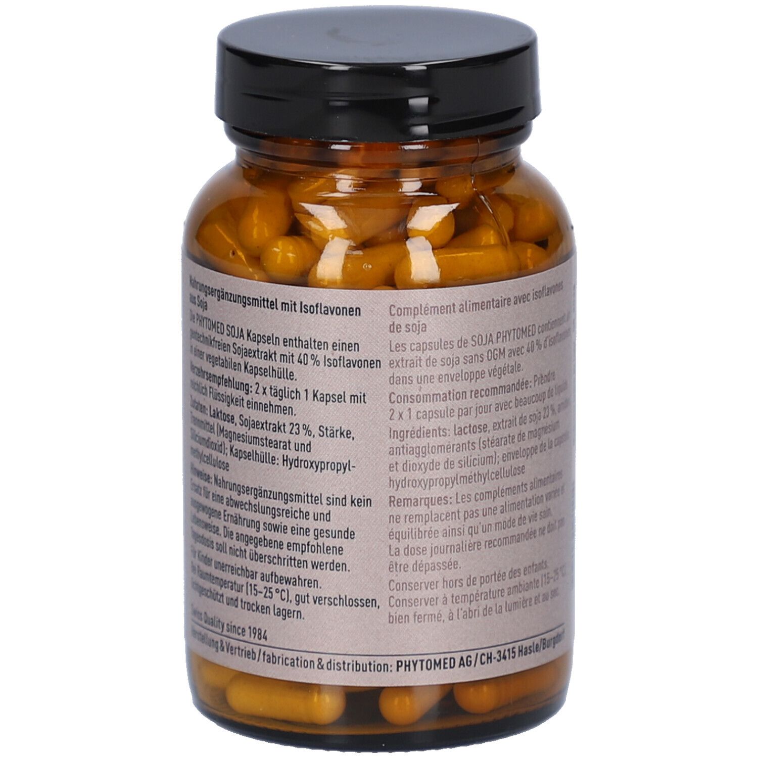 Rückseite der braunen Glasflasche mit schwarzen Deckel. Enthält gelbe Kapseln. Text mit Inhaltsstoffen und Dosierungsempfehlung.