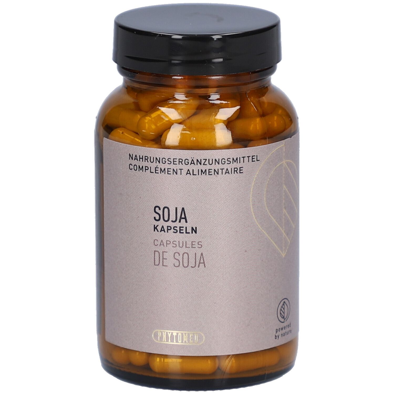 Braune Glasflasche mit schwarzen Deckel. Enthält gelbe Kapseln. Aufschrift: SOJA KAPSELN, DE SOJA. Marke: PHYTOMED.