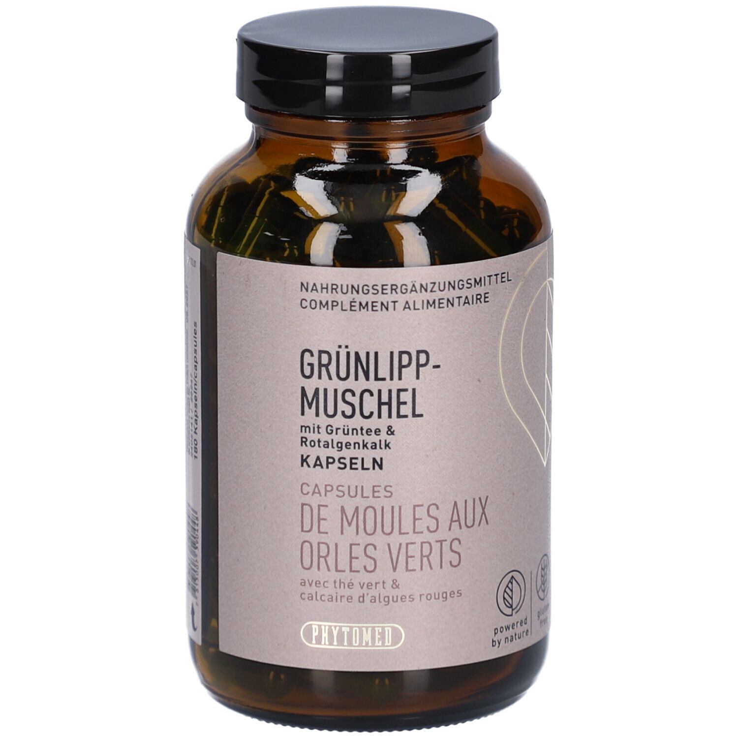 Braune Glasflasche mit schwarzen Deckel. Etikett mit Produktinformationen: Grünlippmuschel Kapseln, De Moules aux Orles Verts. Logo: Phytomed.