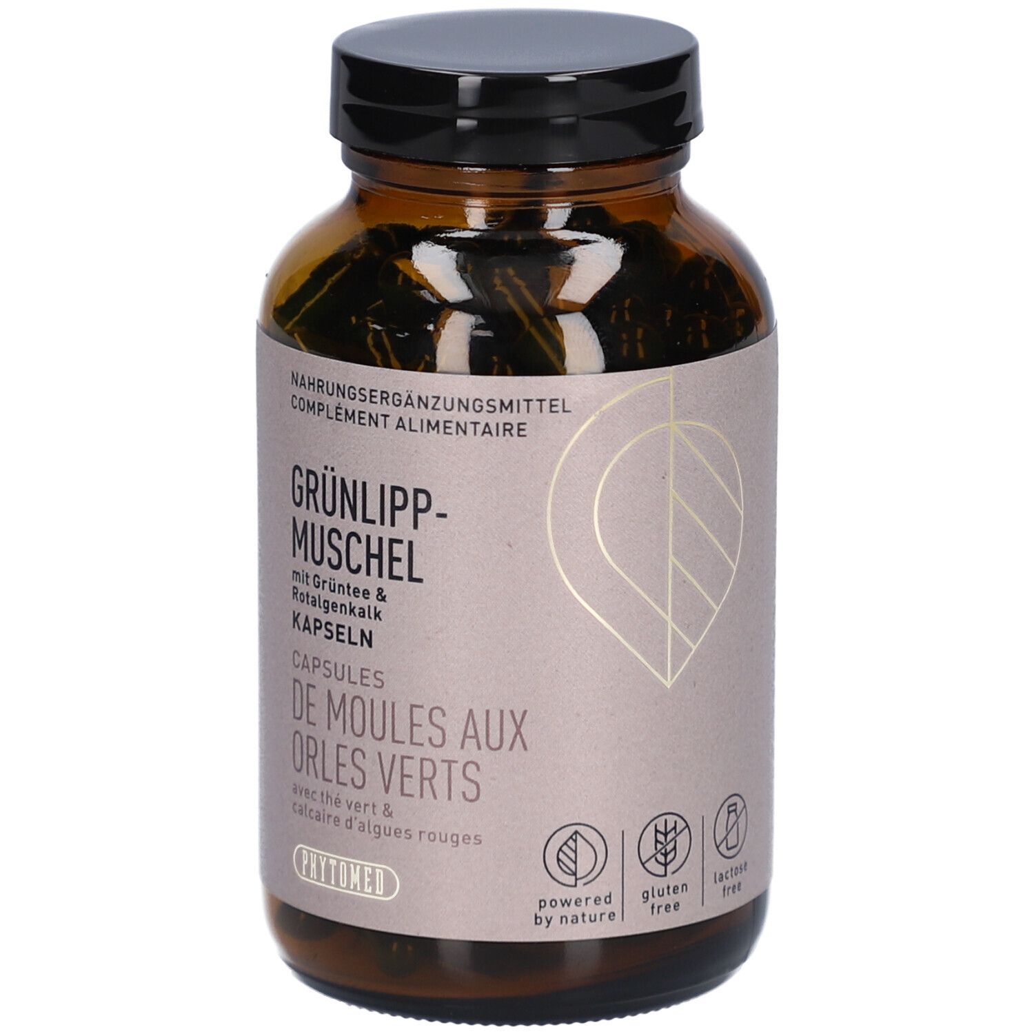 Braune Glasflasche mit schwarzen Deckel. Etikett mit Produktinformationen: Grünlippmuschel Kapseln, De Moules aux Orles Verts. Logo: Phytomed.