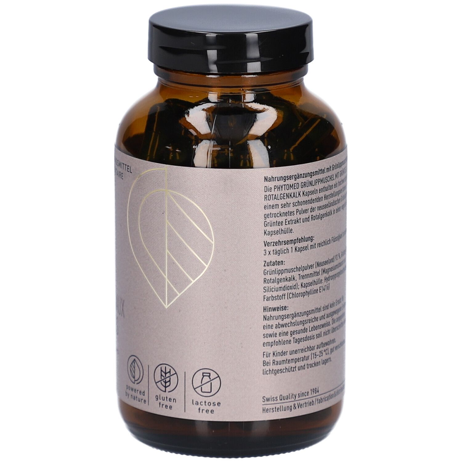 Rückseite der braunen Glasflasche. Etikett mit Produktinformationen, Inhaltsstoffen und Logos: glutenfrei, lactosefrei. Swiss Quality.