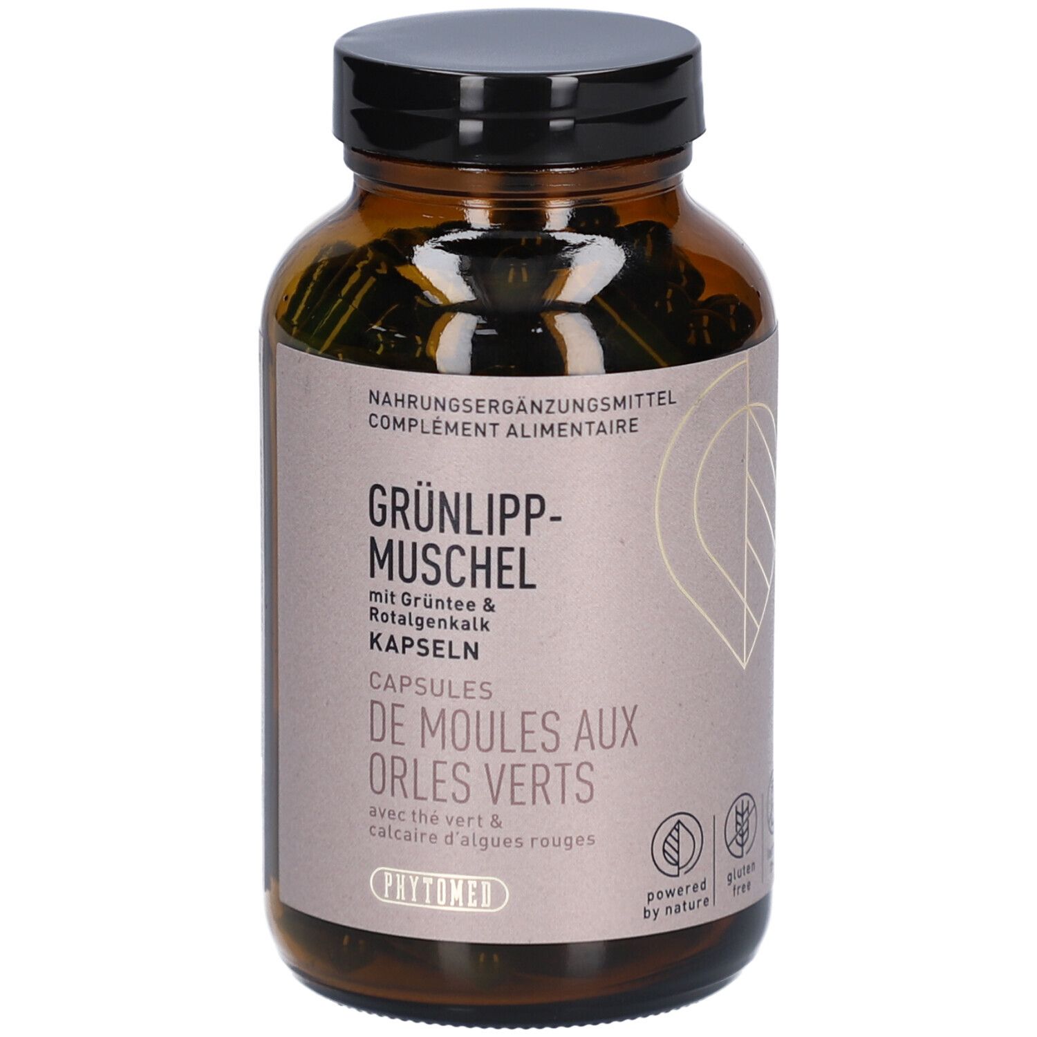 Braune Glasflasche mit schwarzen Deckel. Etikett mit Produktinformationen: Grünlippmuschel Kapseln, De Moules aux Orles Verts. Logo: Phytomed.