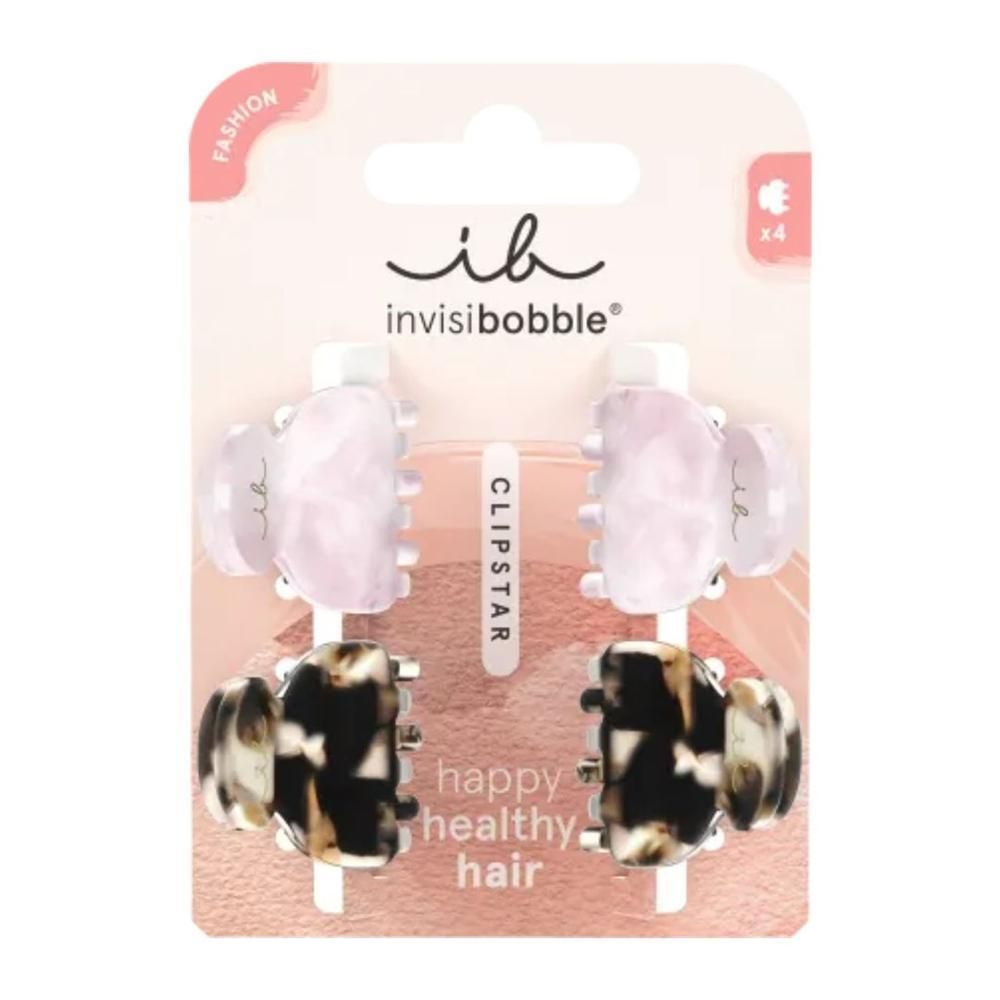 Verpackung mit vier Klammern. Zwei hellrosa und zwei braun-schwarze Klammern. Marke: invisibobble. Aufschrift: CLIPSTAR.