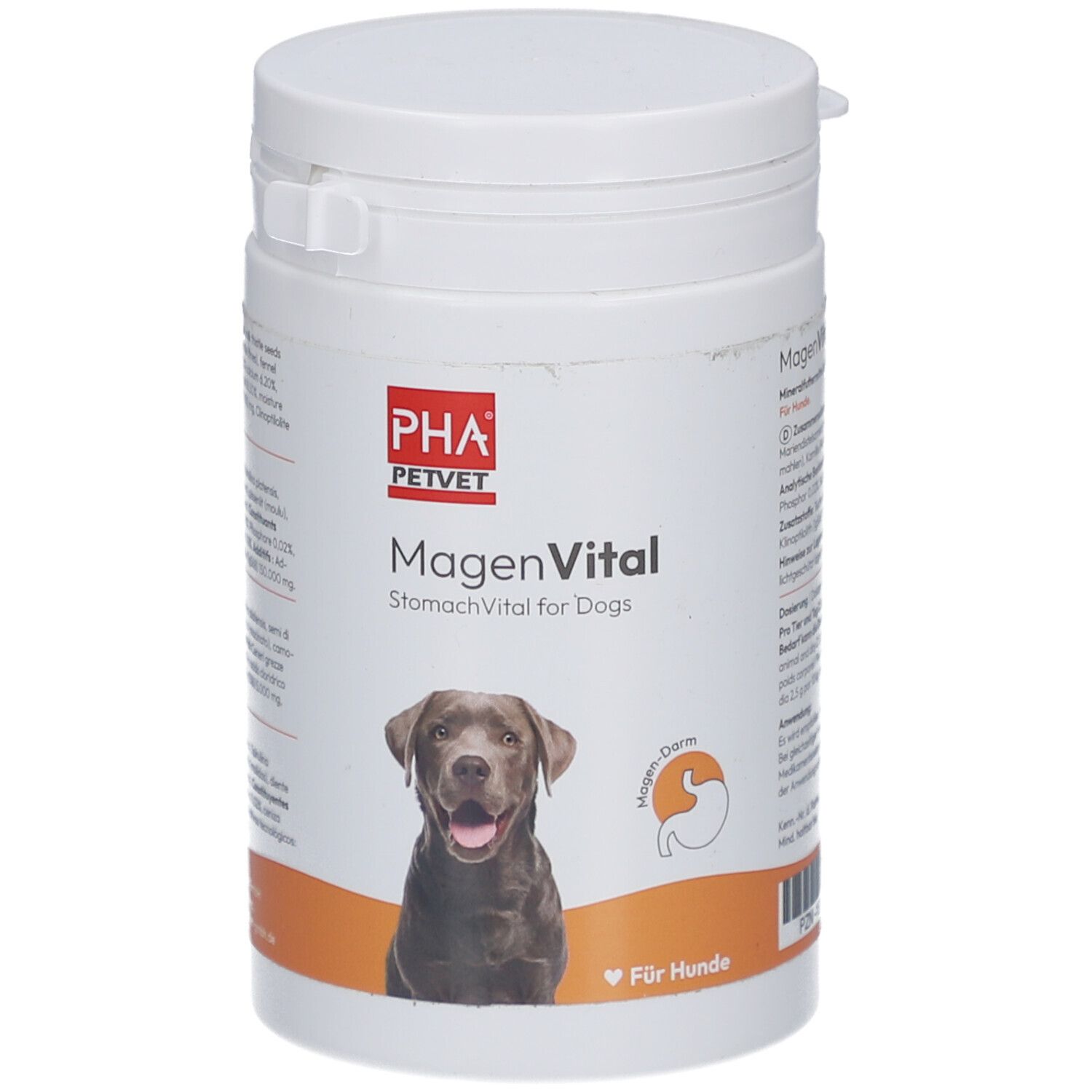Weiße Dose mit Deckel. Aufschrift: PHA PetVet MagenVital für Hunde. Abbildung eines Hundes. Orangefarbener Hintergrund.