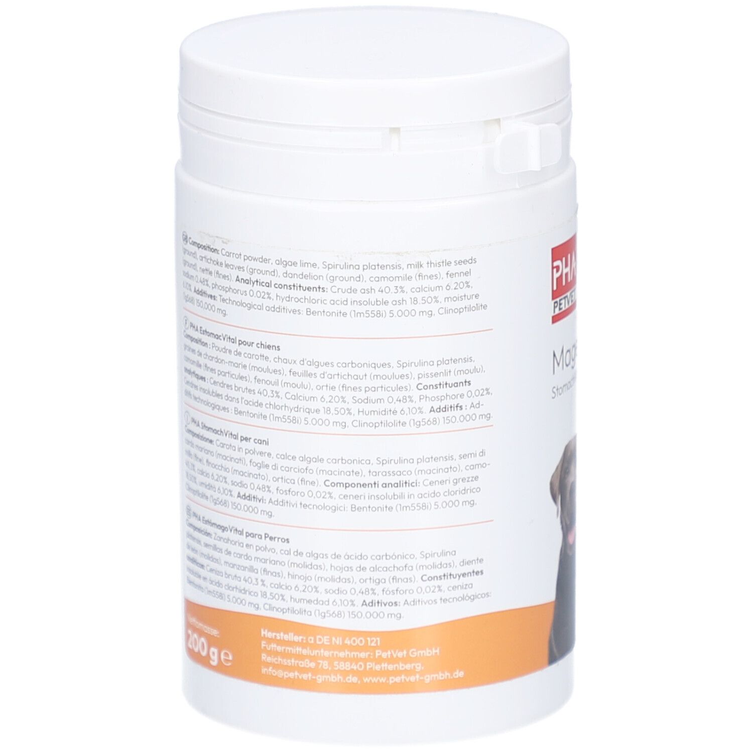 Weiße Dose. Rückseite mit Text in mehreren Sprachen. Auflistung der Inhaltsstoffe und analytischen Bestandteile. Orangefarbener Hintergrund.