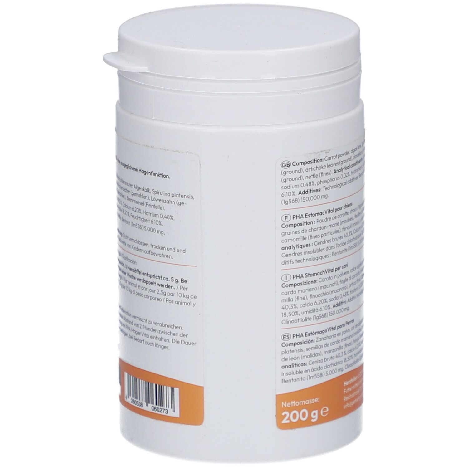 Weiße Dose. Rückseite mit Text in mehreren Sprachen. Auflistung der Inhaltsstoffe und analytischen Bestandteile. Orangefarbener Hintergrund.