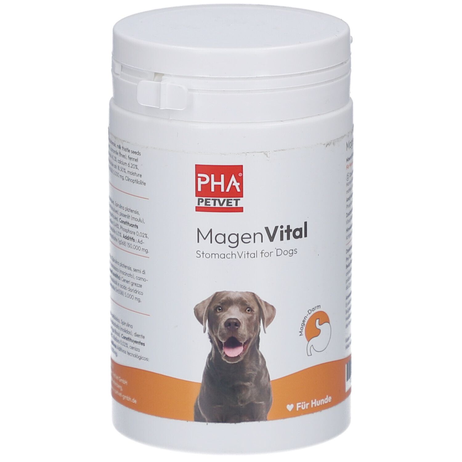 Weiße Dose mit Deckel. Aufschrift: PHA PetVet MagenVital für Hunde. Abbildung eines Hundes. Orangefarbener Hintergrund.